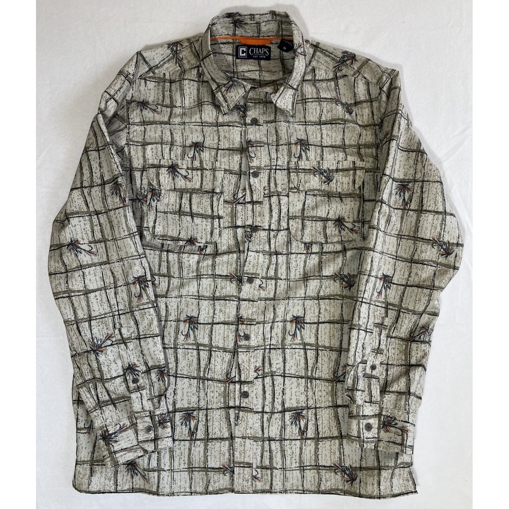 Chaps Ralph Lauren Tan Beige Check Button Down Shirt Fishing Lures Size‎ Medium